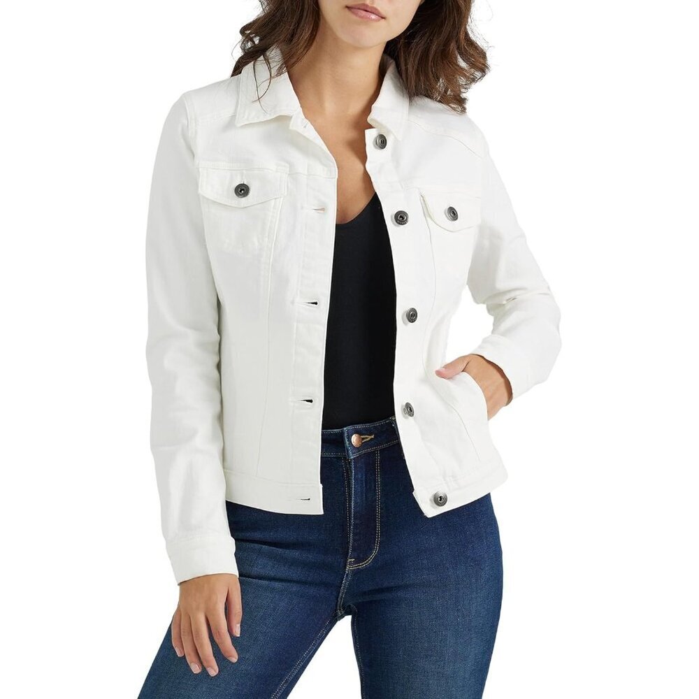 Brand New  women White Cotton  Denim Jacket Casual Button Front Stretch
